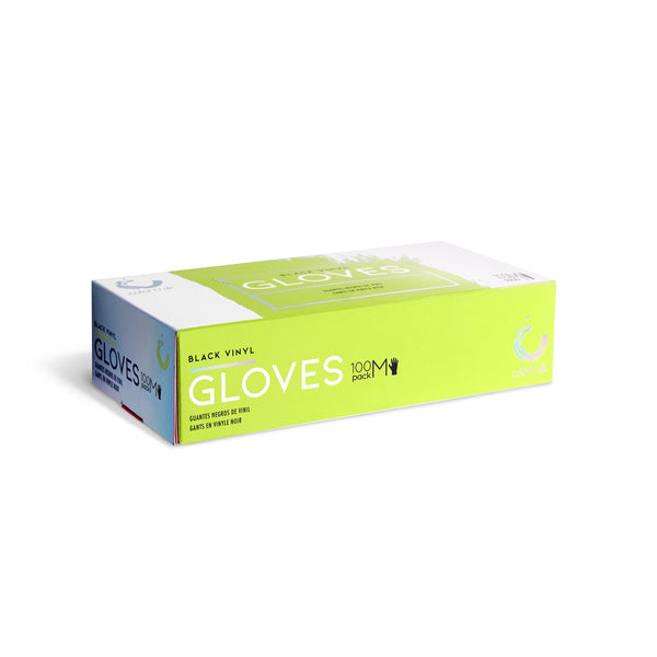 Package of Colortrak Black Disposable Vinyl Gloves 100ct Medium