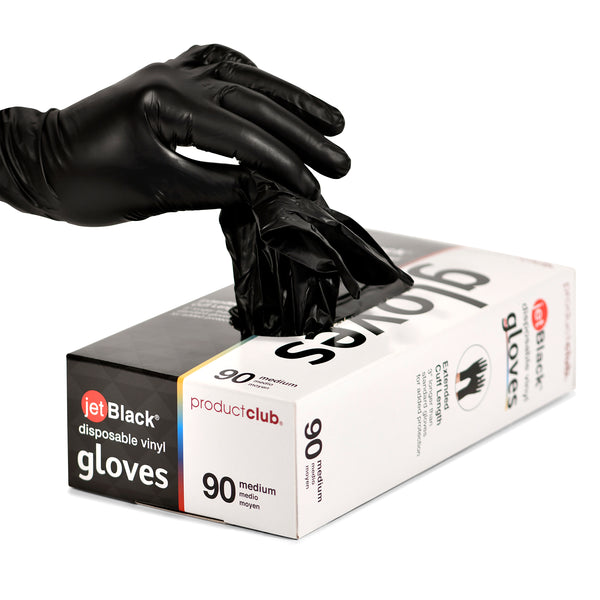 Package of Product Club Black Disposable Vinyl Gloves Medium 90ct
