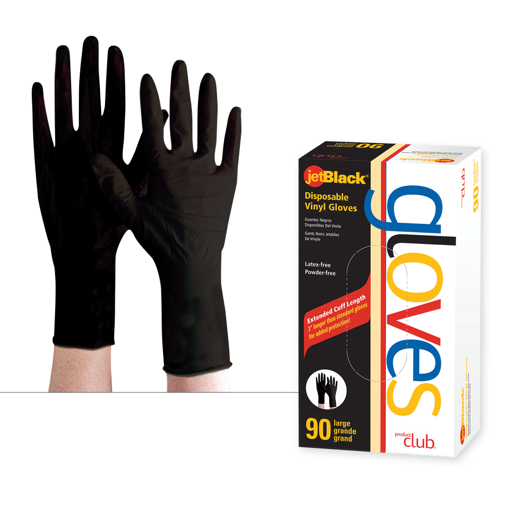 Package of Product Club Black Disposable Vinyl Gloves Large 90ct