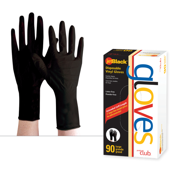 Package of Product Club Black Disposable Vinyl Gloves Large 90ct