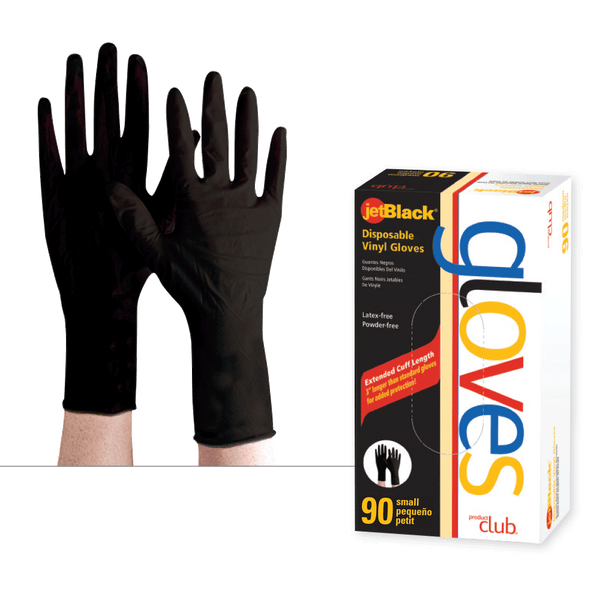 Package of Product Club Black Disposable Vinyl Gloves Small 90ct