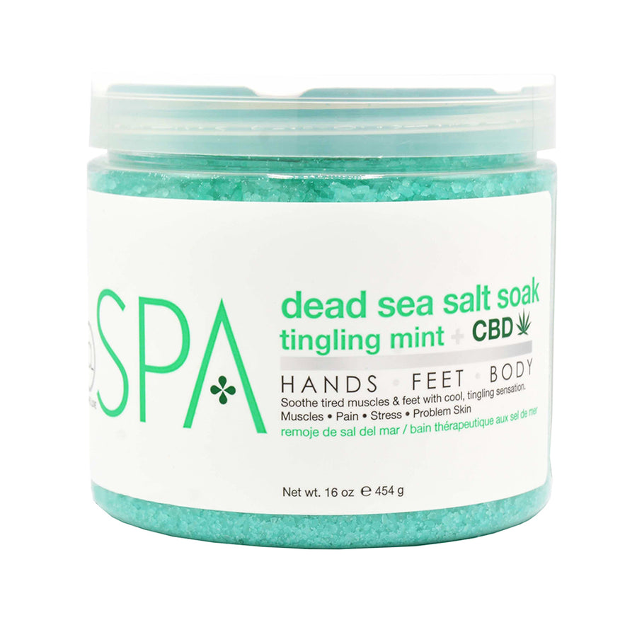 Bottle of BCL Spa Tingling Mint Salt Soak CBD 16oz