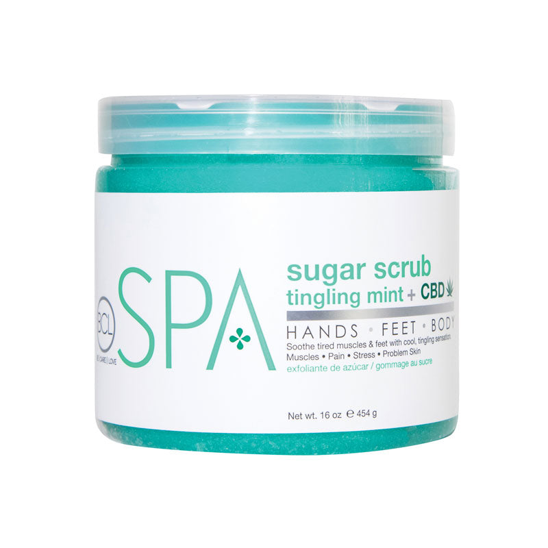 Bottle of BCL Spa Tingling Mint Sugar Scrub CBD 16oz